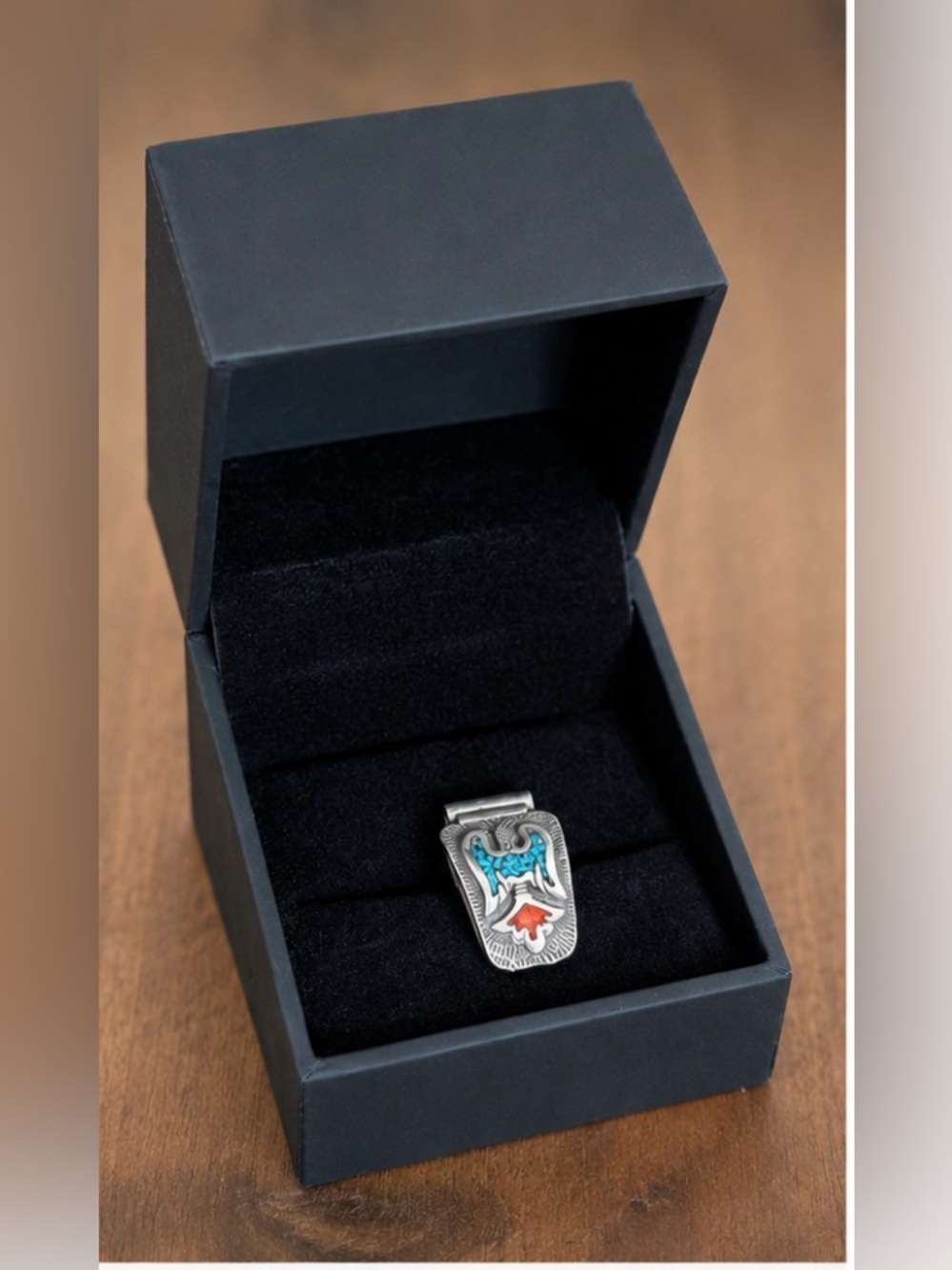 Sterling Vintage Turquoise and Coral Thunderbird Pendant